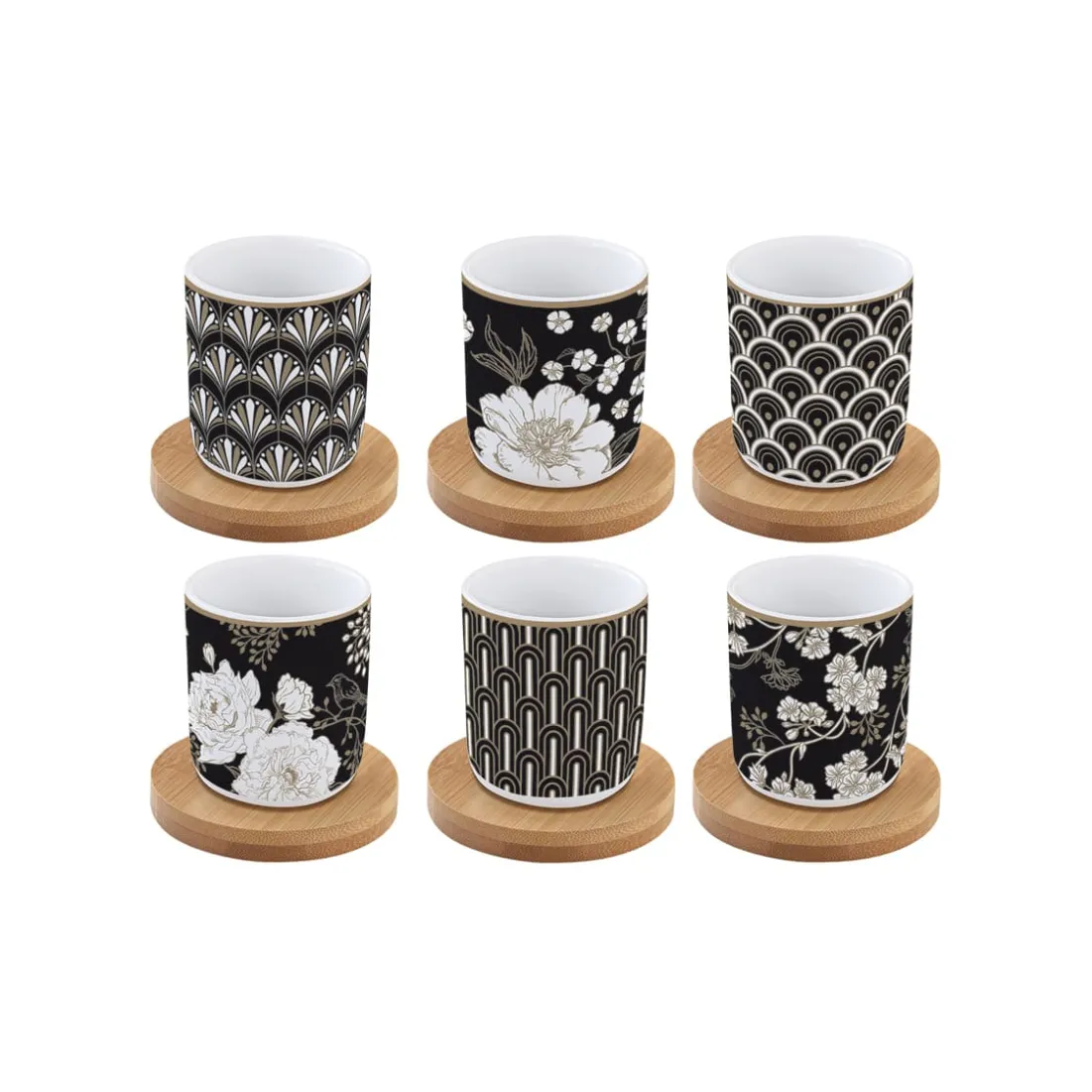 Coffret Cadeau|Petit Dejeuner>Easy Life Ensemble de 6 petits verres à café avec soucoupes en bambouART DECO & FLOWERS