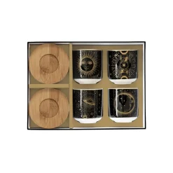 Coffret Cadeau|Petit Dejeuner>Easy Life Ensemble de 4 petits verres à café de 110 ml avec soucoupes en bambou, dans une boîte cadeau CELESTIAL