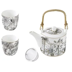 Coffret Cadeau|Moderne>Easy Life Théière 600 ml avec infuseur en métal et 2 tasses de 160 ml en porcelaine RETRO JUNGLE